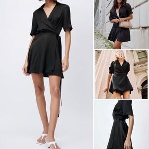 Zara  Black Wrap Dress Short Sleeve Mini Sz. XS satin effect black v neck belted
